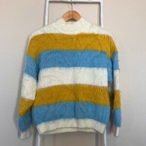 Woven Heart Fuzzy Multicolor Sweater Size M Blue White and Yellow